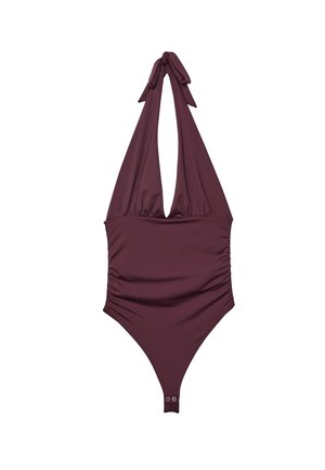 Maillot de bain une pièce bourgogne avec lien à nouer au cou, décolleté en V profond, détails froncés à la taille et ouvertures de jambe largement échancrées.