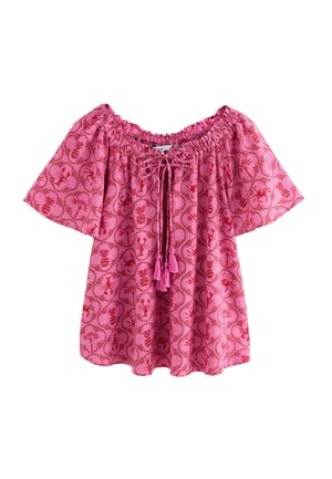 Haut rose décolleté avec un design à motifs de homards, encolure élastiquée et liens à tirage avec des gland.