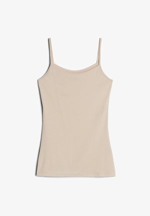 Beige tank top with thin straps, made of soft cotton, featuring a fitted silhouette and smooth texture. No embellishments or patterns.