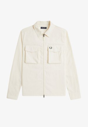 Off-white lynlåsjakke med krave, to frontlommer med klap og lille sort laurbærkranslogo på venstre lomme.