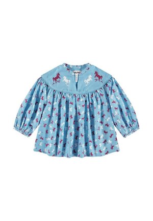 Blusa a maniche lunghe di colore azzurro chiaro con colletto arrotondato, decorata con un motivo di unicorni in bianco e maroon. Tessuto morbido e fluido.