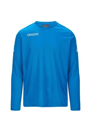 Maglietta sportiva blu a maniche lunghe realizzata in tessuto morbido; presenta il logo Kappa in bianco sul petto e sulle maniche. Design leggero e informale.