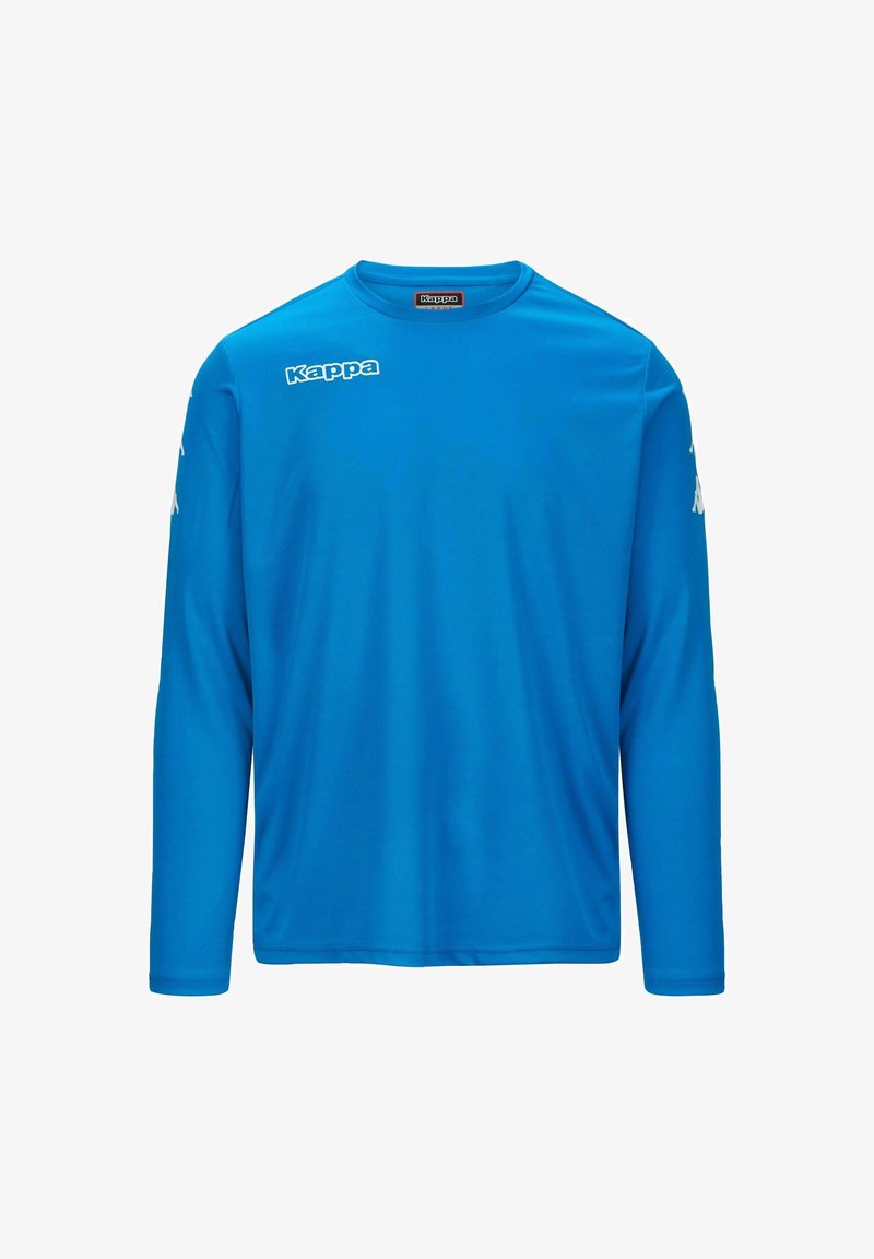 T-shirt de sport à manches longues bleu en tissu lisse ; arbore le logo Kappa en blanc sur la poitrine et les manches. Design léger et décontracté.