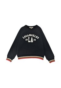 Schwarzer Sweatshirt mit "LOS ANGELES 1974" in weißer Schrift. Verfügt über einen runden Halsausschnitt, Raglanärmel und einen gestreiften Saum in Braun, Beige und Rosa.