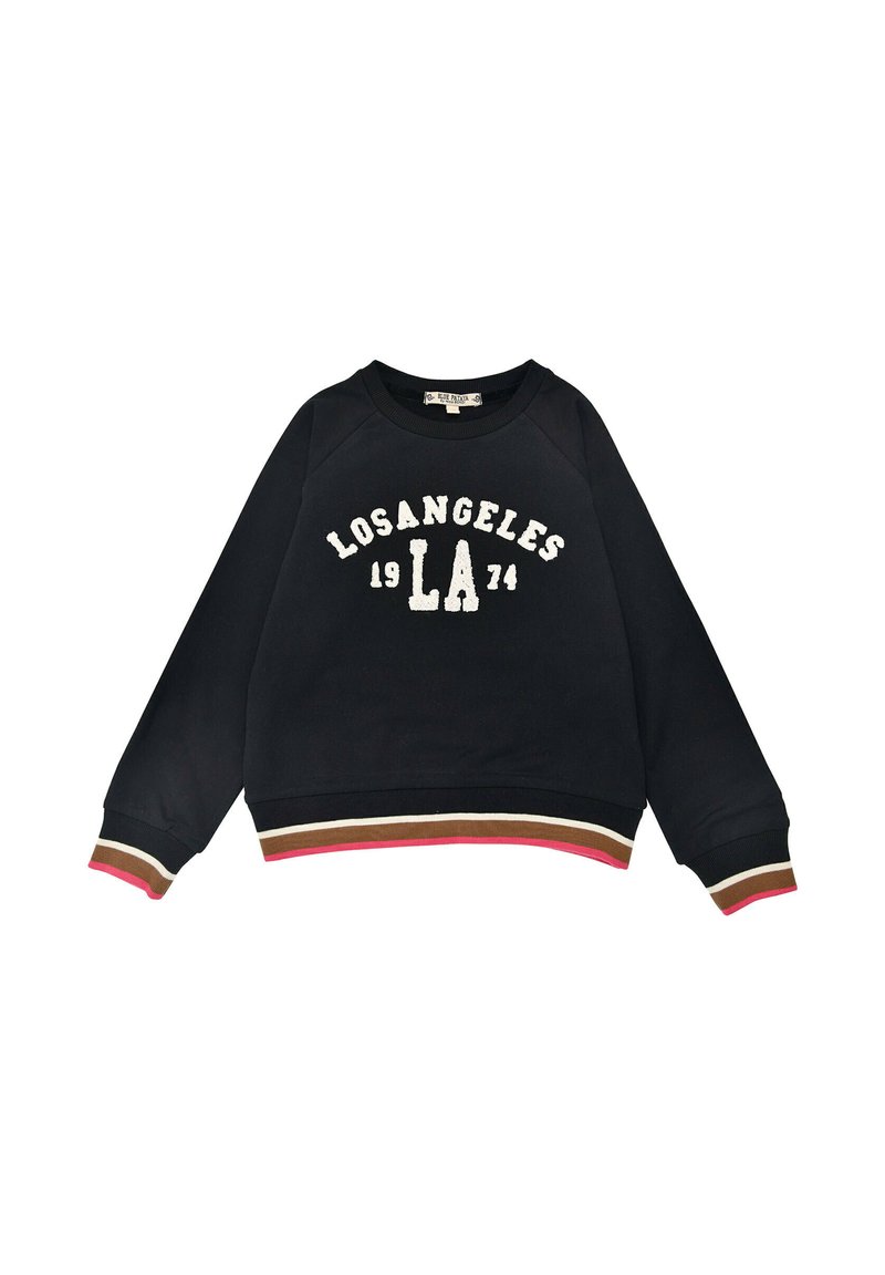 Schwarzer Sweatshirt mit "LOS ANGELES 1974" in weißer Schrift. Verfügt über einen runden Halsausschnitt, Raglanärmel und einen gestreiften Saum in Braun, Beige und Rosa.