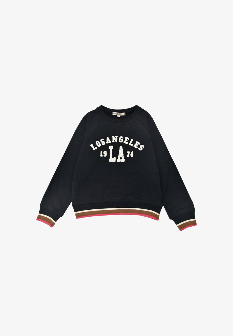 Black sweatshirt with "LOS ANGELES 1974" in white lettering. Features a rounded neckline, raglan sleeves, and striped hem in brown, beige, and pink.