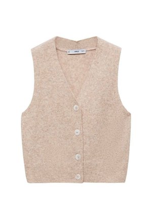 Beige strikvest med V-hals, der har fem runde knapper foran og et struktureret, blødt stof. Udenærmet design.
