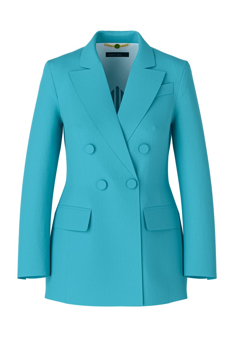 Turquoise dubbelzijdig blazer gemaakt van gestructureerde stof met piekende revers, twee voorzakken en decoratieve knopen.