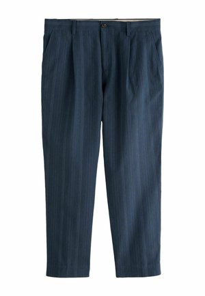 Navy blue men's dress pants with subtle vertical pinstripes, button closure, belt loops, and front slant pockets.