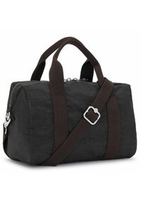 Black fabric travel bag with brown woven handles and adjustable strap. Features a silver zipper and rectangular shape with a textured surface.