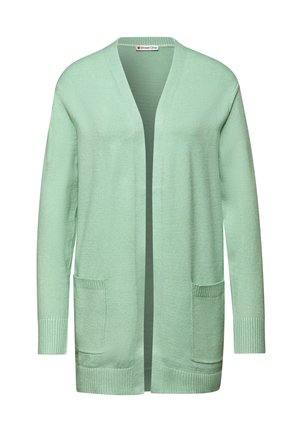 Cárdigan verde menta con un corte suelto, apertura frontal, dos bolsillos delanteros, puños acanalados y un patrón de tejido texturizado.