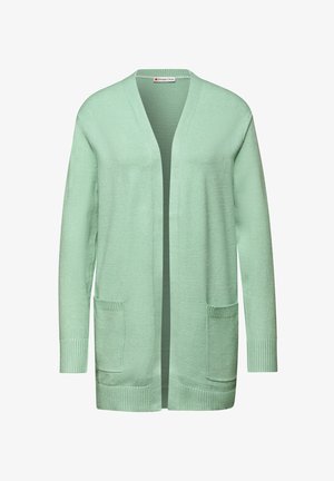 Mintgrüner Cardigan mit lockerem Schnitt, offenem Vorderteil, zwei Fronttaschen, gerippten Bündchen und einem strukturierten Strickmuster.