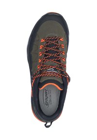 Black and olive green hiking shoe with orange accents, textured upper, durable rubber sole, and contrasting laces. Design features structured support.