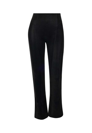 Pantalones acampanados negros con cintura alta, con detalles cosidos a lo largo de las costuras, hechos de una tela elástica y suave.