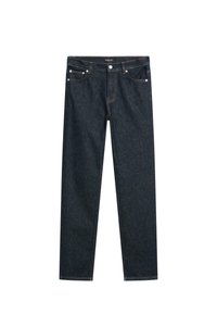 Jeans in denim blu scuro con taglio dritto, cinque tasche e dettagli di cucitura arancione su cuciture e vita. Tessuto di alta qualità.