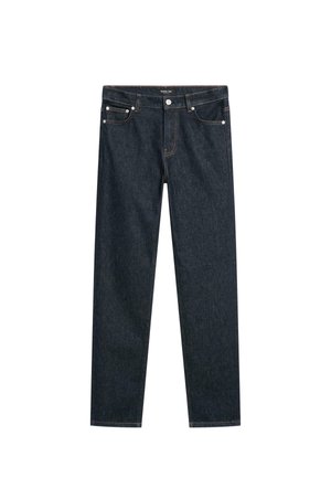 Dunkelblaue Jeans aus Denim mit geradem Bein, ausgestattet mit kontrastierendem orangefarbenem Nähen, fünf Taschen und Metallbeschlägen.
