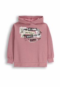 Różowy sweatshirt z kapturem, z grafiką w czarnym i kremowym kolorze. Długie rękawy z marszczonymi mankietami i prostym dołem.