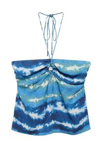 Modré a zelené tričko s efektem tie-dye s nahrnutým designem, nastaviteľnými šnúrkami a volným strihom. Vyrobené z ľahkej tkaniny s textúrovaným vzhľadom.