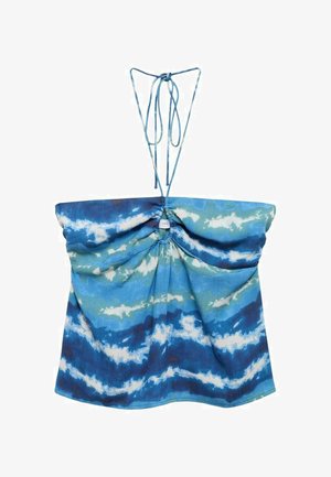 Plavi i zeleni tie-dye top s naboranim dizajnom, podesivim žicama i slobodnim krojem. Izrađen je od lagane tkanine s teksturiranim izgledom.