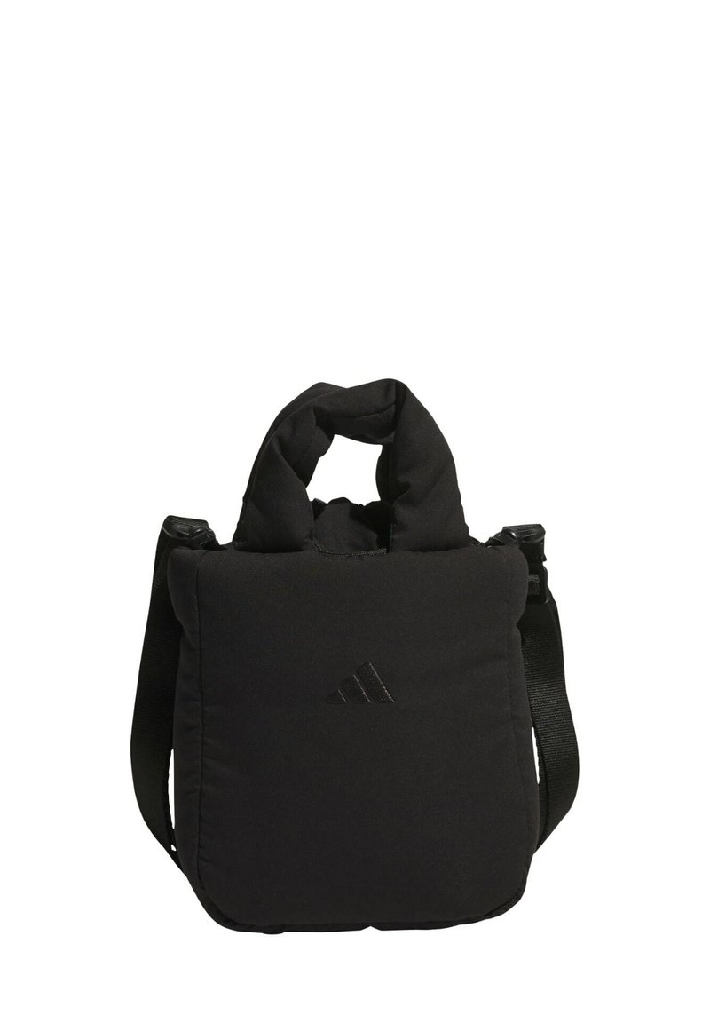 Čierna polstrovaná ramenná taška s okrúhlym uchom, nastaviteľným popruhom a textúrovaným povrchom. Na prednej strane sa nachádza decentné logo.