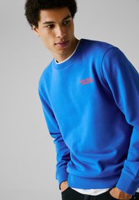 Blauwe crewneck sweatshirt met ribgebreide manchetten en zoom. Bevat een rood "Red Bull Racing" tekstlogo op de linkerborst. Zachte textuur.