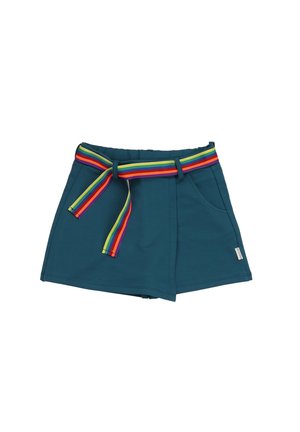 Teal shorts with a rainbow-striped tied belt. Features two front pockets and a soft, smooth texture. Elastic waist for comfort.
