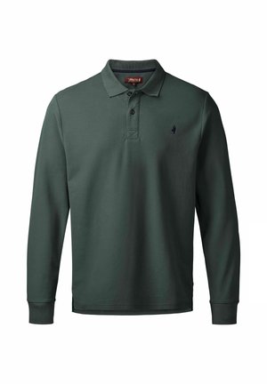 Polo a maniche lunghe verde scuro con due bottoni, colletto e un piccolo logo ricamato sul lato sinistro del petto.