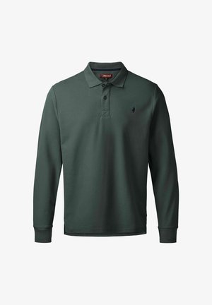 Polo a maniche lunghe verde scuro con due bottoni, colletto e un piccolo logo ricamato sul lato sinistro del petto.