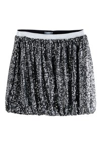 Gonna nera con paillettes e superficie strutturata, caratterizzata da una fascia elastica argentata in vita e un design arricciato, adatta per la sera o occasioni speciali.