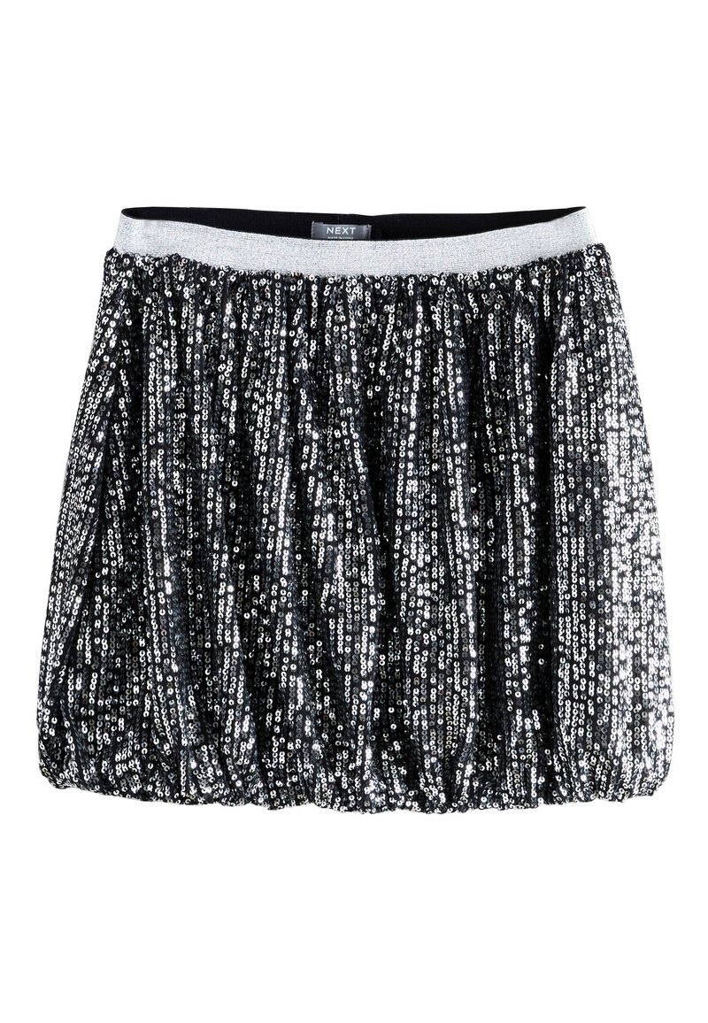 Gonna nera con paillettes e superficie strutturata, caratterizzata da una fascia elastica argentata in vita e un design arricciato, adatta per la sera o occasioni speciali.