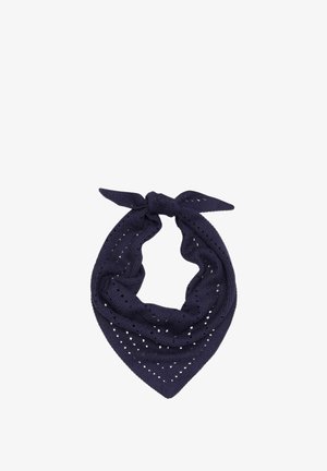 Dunkelblaues gestricktes Bandana mit kleinen Löchern in einem dreieckigen Muster, oben zu einem Knoten gebunden.