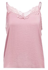 Canotta senza maniche rosa con pizzo lungo il scollo a V e spalline regolabili.