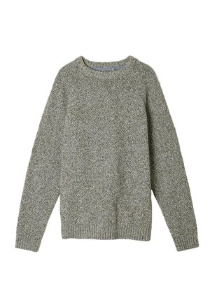 Hellgrauer gestrickter Pullover mit strukturiertem Muster, Rundhalsausschnitt und Bündchen aus Rippenstrick. Aus weicher Wolle für zusätzlichen Komfort gefertigt.