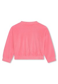 Felpa corta di un vivace colore rosa, in morbido cotone, dalla vestibilità rilassata, con maniche lunghe, polsini e fondo a coste. Vista posteriore mostrata.
