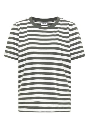 T-shirt à manches courtes avec col rond et rayures horizontales noires et blanches, en tissu tricoté doux, étiquette de marque visible à l'encolure.