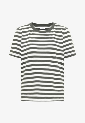 T-shirt à manches courtes avec col rond et rayures horizontales noires et blanches, en tissu tricoté doux, étiquette de marque visible à l'encolure.