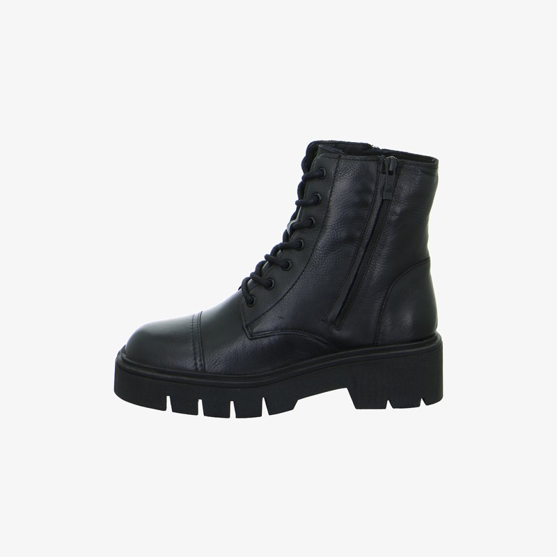 Black leather combat boot with thick lug sole, side zipper, and front laces, shown in profile against white background.