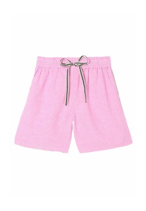 Pink casual shorts with elastic waistband and black-and-white drawstring, featuring side pockets and a relaxed fit.