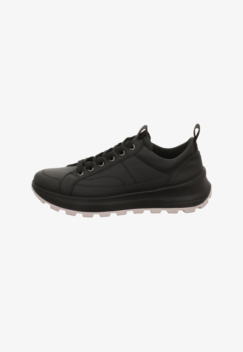 Sneaker in pelle nera con suola bianca spessa, allacciatura frontale, colletto imbottito e linguetta e tallone con manici.