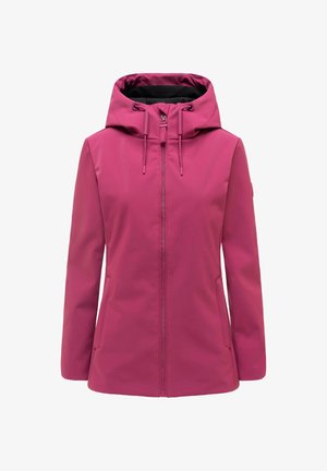 Women's magenta hooded jacket with front zipper, drawstring hood, and side pockets, shown on a white background.