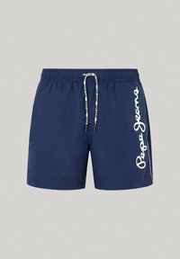 Námořnické plavky vyrobené z lehké tkaniny, s elastickým pasem a šňůrkou, a bílým logem "Pepe Jeans" na boku.