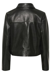 Schwarze Lederjacke mit spitzem Kragen, langen Ärmeln und verkürztem Design. Sie hat eine glatte Textur und einen schlichten, einfachen Rücken.