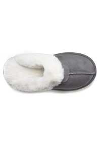 Gray slipper made of soft suede with a plush white fur lining, rounded toe, and decorative stitching along the front edge.