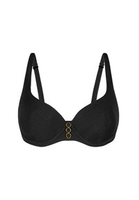 Czarny stanik z prążkowanej tkaniny z trzema złotymi okrągłymi akcentami na środku, regulowane ramiączka i gładka tekstura.