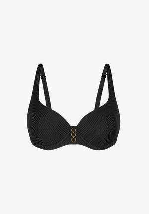 Czarny stanik z prążkowanej tkaniny z trzema złotymi okrągłymi akcentami na środku, regulowane ramiączka i gładka tekstura.