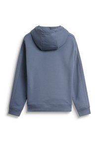 Felpa con cappuccio in morbido tessuto di un blu chiaro testurizzato. Presenta polsini e orlo a coste, con una tasca nascosta per un aspetto pulito.