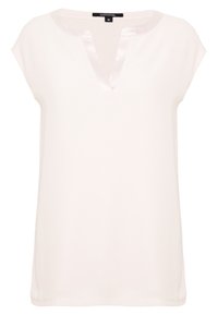 Weiße Bluse mit V-Ausschnitt und satiniertem Saum, kurzen Ärmeln und lockerer Passform. Hergestellt aus glattem Stoff mit einem dezenten Glanz, minimalistisches Design.
