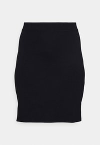 Falda negra ajustada de longitud hasta la rodilla con una cinturilla simple, presentada sobre un fondo blanco liso.