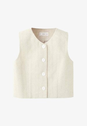 Laneni telovnik v svetlo bež barvi z teksturiranim vzorcem, z okroglim izrezom in petimi belimi gumbi spredaj. Brez rokavov.