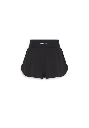 Pantalones cortos deportivos negros fabricados con un tejido ligero, con una amplia cinturilla elástica con el logo de "Calvin Klein". Tienen una forma acampanada y una textura suave.
